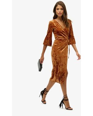 Superdry Short Sleeve Velvet Wrap Midi Dress - Brown