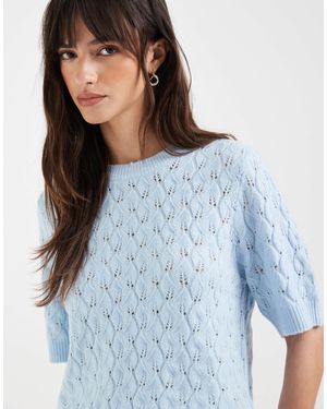 Pieces Short Sleeve Textured Knit Sweater - Blue