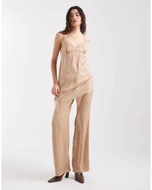 ASOS Crinkle Satin Wide Leg Pull On Trouser - Natural