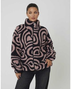Brave Soul Sherpa Fleece Heart Print Sweatshirt - Black