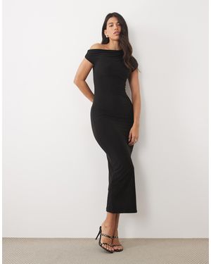 Kaiia Exclusive Double Layered Slinky Drape Off Shoulder Bodycon Maxi Dress - Black