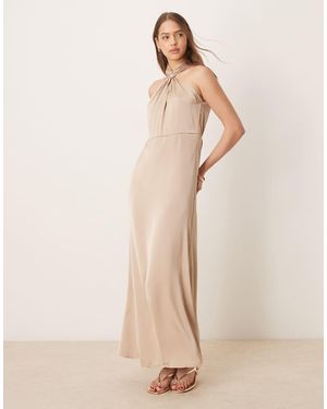 Vila Satin Twist Halterneck Midi Dress - Natural
