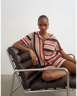 TOPSHOP Knitted Crochet Stripe Co-Ord Shirt - Brown