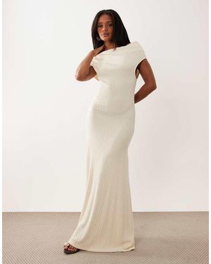Missy Empire Ribbed Asymmetric Drape Shoulder Detail Maxi Dress - Natural