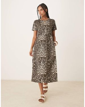 Threadbare Vestido Midi De Manga Corta Con Estampado De Leopardo Y Bolsillos De Punto Liso De - Neutro