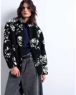 TOPSHOP Mono Floral Print Fleece Borg Jacket - Blue