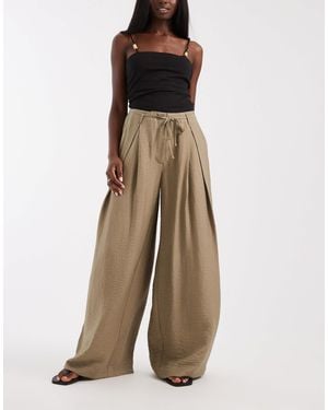 ASOS Textured Wide Leg Pants With Tie Waist - Natural