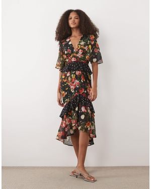 Hope & Ivy Robe mi-longue à taille à basque et imprimé à pois et fleurs - Neutre