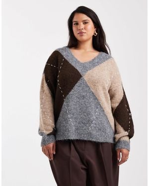 Vero Moda Oversized Argyle Knitted Sweater - Grey