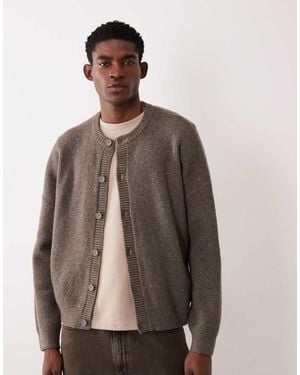 ASOS Oversized Knitted Fisherman Rib Wool Blend Crew Neck Cardigan - Brown