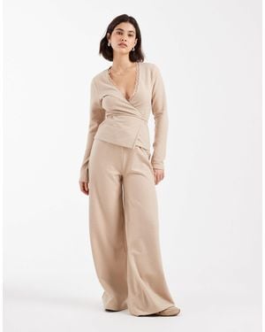 Miss Selfridge Brushed Waffle Wide Leg Trouser - Natural