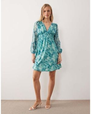 Lovedrobe Long Sleeve Shirred Empire Waist Mini Dress - Blue