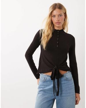 Mango High Neck Knitted Top With Tie Waist - Black