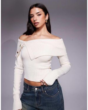 Tiger Mist Keira Bardot Foldover Ribbed Trim Asymmetric Button Detail Jumper - Grey