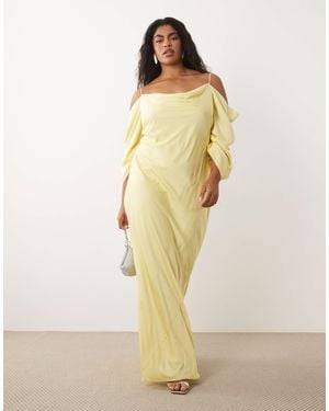 Tfnc Plus Cowl Cold Shoulder Maxi Dress With Ruched Sleeves - Natural