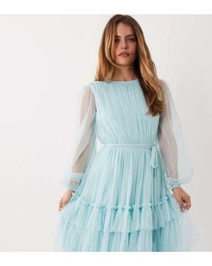 LACE & BEADS Crew Neck Tiered Midi Dress - Blue