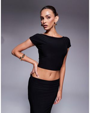 Kaiia Exclusive Double-layered Slinky Boatneck Low Back Crop Top - Black