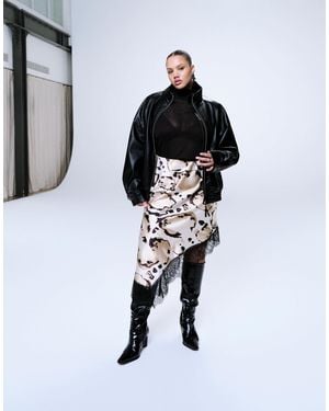 ASOS Asos Design Curve Satin Asymmetric Lace Trim Skirt - Black