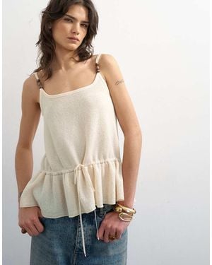 TOPSHOP Knitted Beaded Draw Waist Peplum Tank - Natural