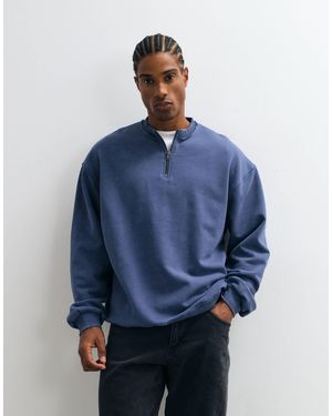 ASOS Oversized Sweatshirt With Zip Neck, Wash And Raw Edge Detail - Blue