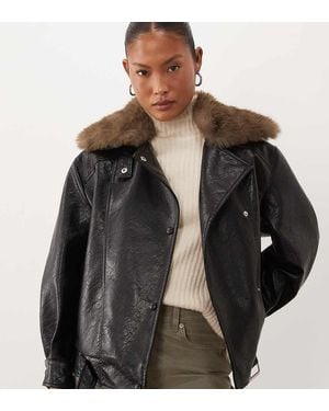 ASOS Asos Design Petite Leather Look Moto Jacket With Tan Faux Fur Collar - Black