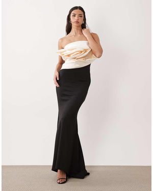 ASOS Premium Bandeau Crepe Fishtail Maxi Dress With Contrast Satin Corsage - White