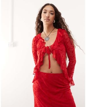 Reclaimed (vintage) Flocked Mesh Tie Front Top Co-Ord - Red