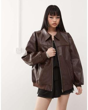 Princess Polly Leather Look Oversized Bomber Jacket - Brown