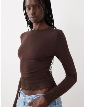 Miss Selfridge Lace Trim Crew Neck Top - Brown