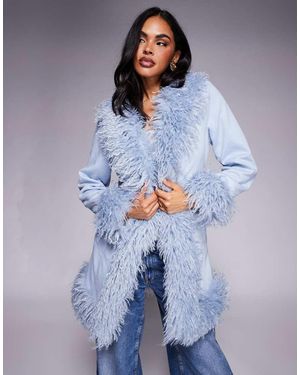 Princess Polly Josefina Suedette Faux Mongolian Faux-fur Trim Longline Coat - Blue