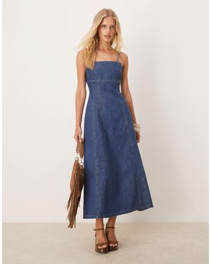 ASOS Chambray Denim Maxi Dress With Cinch Waist Seams - Blue