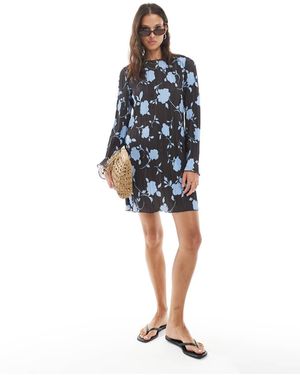 Vero Moda Long Sleeve Plisse Mini Dress - Blue
