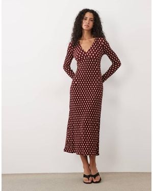 Mango Plisse V Neck Long Sleeve Midi Dress - Red