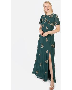 Maya Embellished Short Sleeve Open Back Maxi Dress - Green