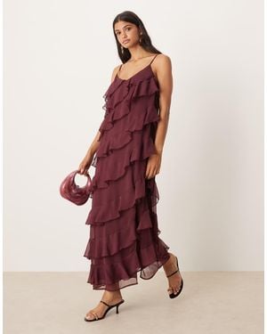 Vila Vestito Lungo Asimmetrico Color Bordeaux Con Spacco Laterale E Volant - Rosso