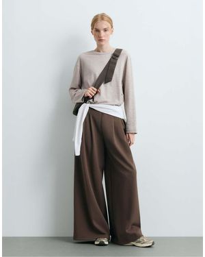 Oysho Cotton Piqué Wide-Leg Trousers - White