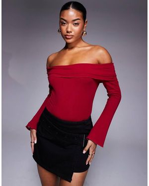 Princess Polly Fold Detail Bardot Long Sleeve Body - Red