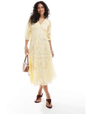 New Look Premium Long Sleeve Broderie Buttoned Midi Dress - Natural