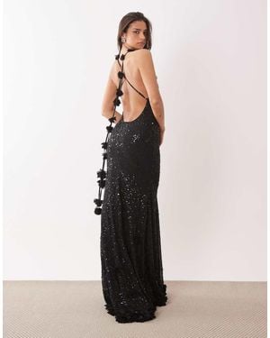 Oh Polly Premium Embellished Plunge Tie Back Floral Detail Maxi Dress - Black