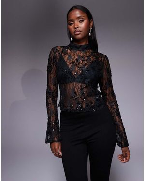 ASOS Delicate Lace Scatter Sequin Flare Sleeve Top With Cutout Back Detail - Black