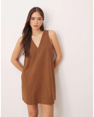 ASOS Cotton Linen V Neck Smock Midi Dress - Brown