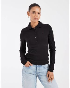 Tommy Hilfiger Flag Logo Slim Fit Long Sleeve Polo Shirt - Black