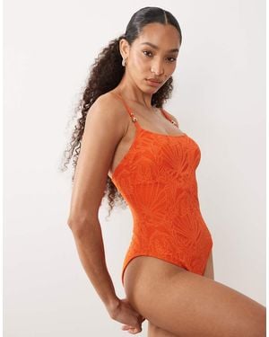 New Look Crochet Ruched Side Swimsuit - Orange