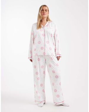Loungeable Curve Super Soft Jersey Revere Top And Wide Leg Pajama Set - White