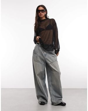 Weekday Linen Blend Oversized Sheer Mock Neck Sweater - Gray