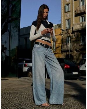 Bershka Low-Rise Wide-Leg Jeans - Blue