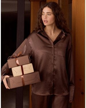 4th & Reckless Satin Pocket Front Button Through Shirt Co-ord - Brown