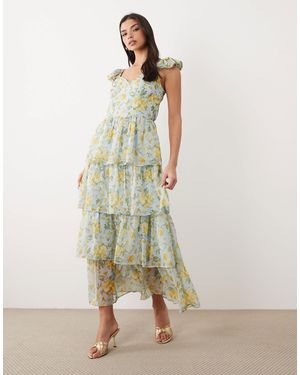 Y.A.S Flutter Sleeve Tiered Chiffon Maxi Dress - Green