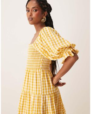Lovedrobe Gingham Milkmaid Puff Sleeve Mini Dress - Yellow