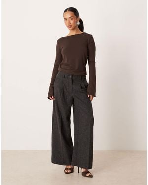 JDY Petite High Waist Wide Leg Textured Tailored Trousers - Grey